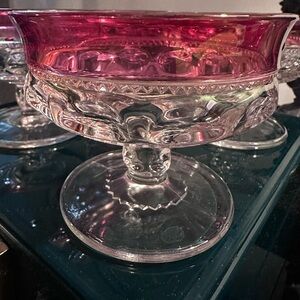 2 Vintage cranberry flash dessert bowls in the King's Crown Thumbprint pattern.